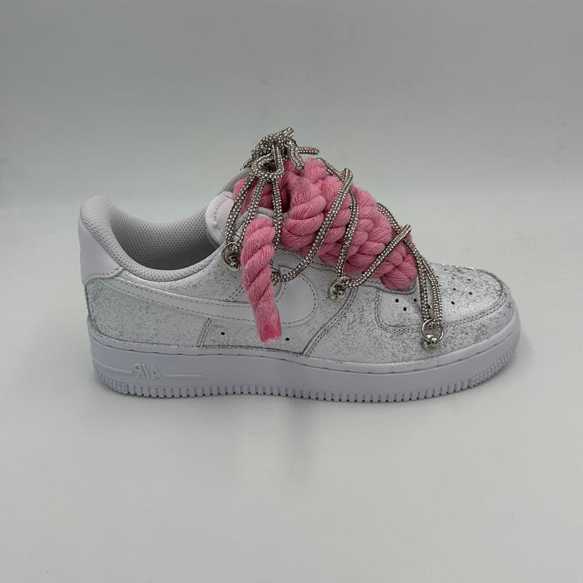 Nike Air Force 1 Glitter “Rope Laces Pink” Triple Crystal Silver - EV8 SoCal