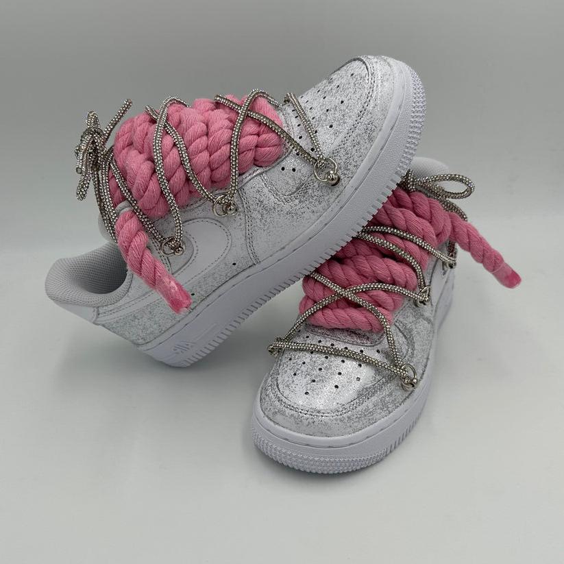 Nike Air Force 1 Glitter “Rope Laces Pink” Triple Crystal Silver - EV8 SoCal