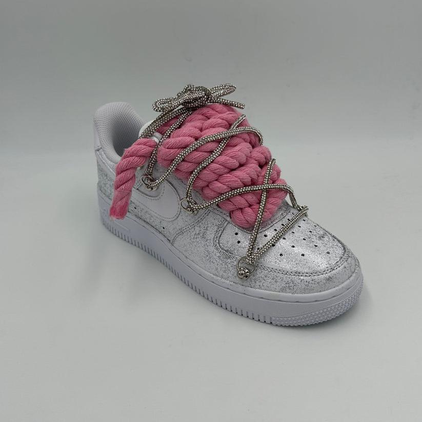 Nike Air Force 1 Glitter “Rope Laces Pink” Triple Crystal Silver - EV8 SoCal
